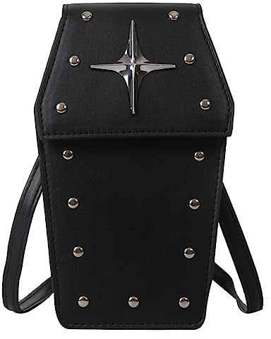 LYEAA Retro Gothic Sarg Form Geldbörsen Casual Frauen Handy Tasche Stern Niet PU Leder Umhängetaschen, Schwarz, modisch