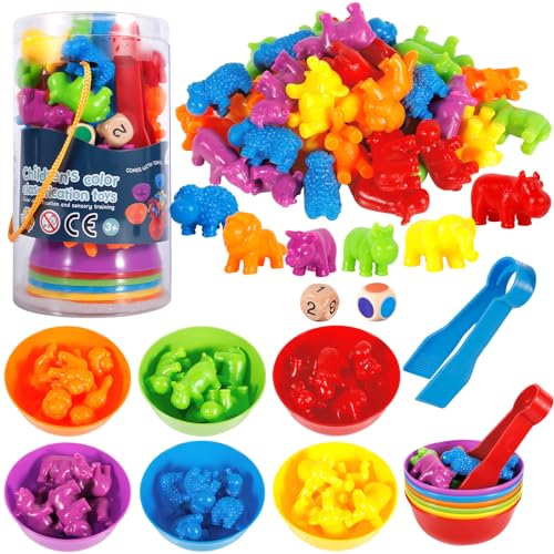 ZHHGOO 47 Pièces Jouet Enfant 2 Ans, Animaux Sauvages Jeu Educatif,Enfants Classification des Couleurs Motricité Fine,Jeux Montessori 2 Ans pour Comptage et Tri Apprendre Les Couleurs