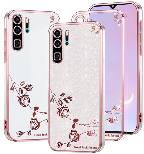 Kainevy Für Huawei P30 Pro Hülle Durchsichtig Glitzer Luxus für Frauen, Bling Handyhülle Huawei P30 Pro Hülle Silikon Klar Weich Case Rosa Blumen Schutzhülle Dünn (Rosa-Silber)