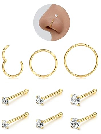 LOLIAS 9Pcs Nasenpiercing Chirurgenstahl Damen Herren 6/8/10MM 14K Gold Nasenpiercing Ring Nasenpiercing Stecker Septum Ringe Nose Nostril Piercing Nasenstecker Nasenring Piercing 20G