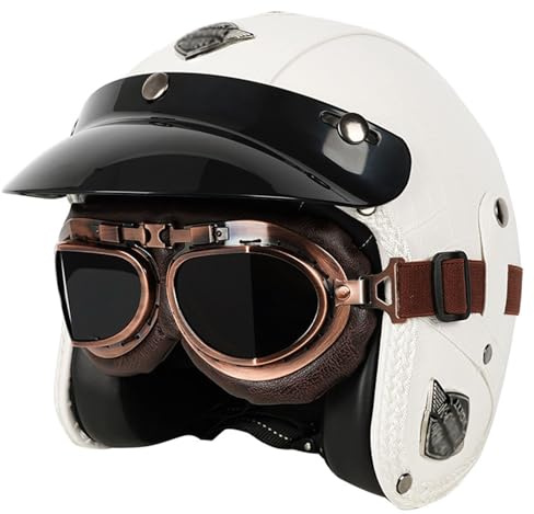 Leder Jethelm Retro Helm mit Brille Leder-Jethelm 3/4-Motorrad-Halbschutzhelm für Erwachsene Abnehmbare Krempe ECE-Zulassung Sturzhelme für Männer und Frauen Moped Roller
