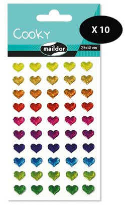 Maildor 560380Cpack - Packung 10 Stickerbögen 3D Cooky, 7,5x12cm, 10x 50 Stickers, bunte Herzen