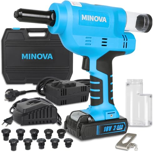 MINOVA Rivettatore a batteria, 18 V, senza spazzole, KD-02X+, strumento di rivettazione a batteria, compatibile con rivetti in acciaio inox da 6,4 mm (corrente alternata/DC)