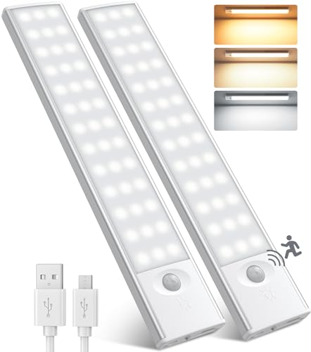 Unterbauleuchte Küche LED, 78 LED Schrankbeleuchtung mit Bewegungssensor,3 Farbmodi& Stufenlosem Dimmen,2500 mAh Wiederaufladbarer Akku, Unterschrankbeleuchtung für Kleiderschrank/Treppe/Gang, 2 Stück