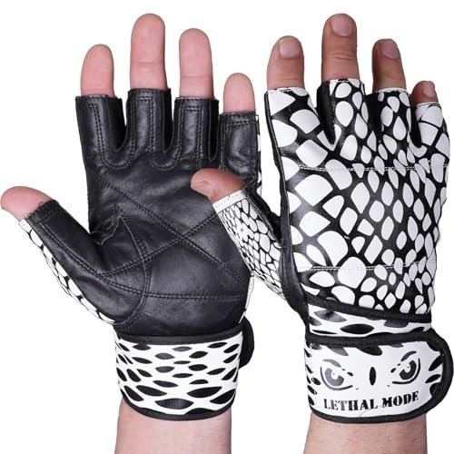 LETHAL MODE Gym Gloves for Men & Women – Weight Lifting, CrossFit, Workout & Cycling Gloves Long Wrist Wrap – Fingerless Grip Gloves Enhanced Performance and Hand Protection (Leather-Short Straps, M)