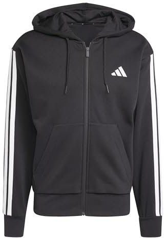 adidas Uomo Essential Three Stripes Fleece Zipper Hoodie, Black/White, XS