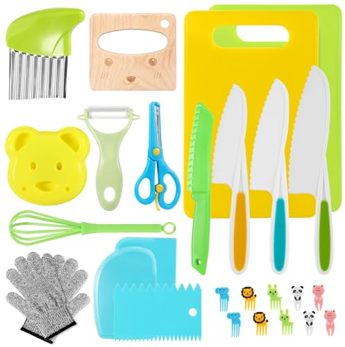 AECIASO Kids Knife Set, 27 Pcs Toddler Safe Knives for Real Cooking | Kitchen Tools with Plastic Serrated Knives, Cutting Board, Peeler, Crinkle Cutter, Fruit Forks and Gloves