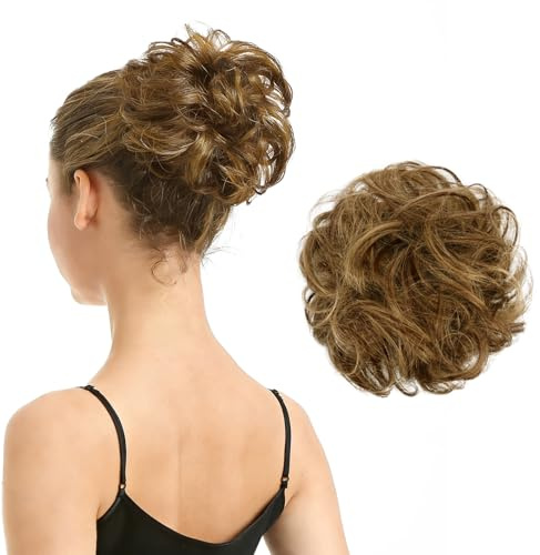 BARSDAR 100% Echthaar Haarteil Haargummi, Echthaar Highlight Messy Dutt Scrunchie für Damen Elastisch Wellige Updo Tousled Chignons Haarteile Bun Natürlich Aussehend, Braun mit Blond Highlight
