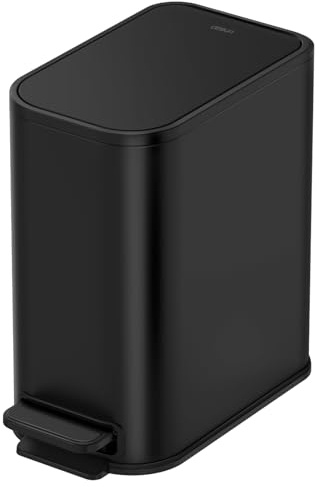 Cesun Schwarzer Edelstahl-Mülleimer, 5 Liter, Schmaler Mülleimer mit Deckel, Fußpedal, Abfalleimer für Badezimmer, Schlafzimmer, Büro, Mattschwarz