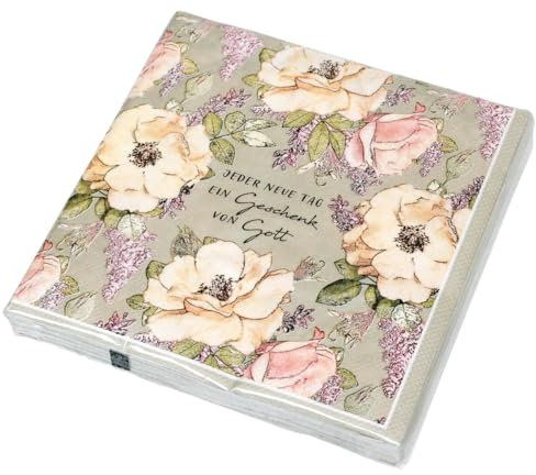 Servietten mit wunderschönem Blumen Design und Text: Jeder neue Tag ein Geschenk von Gott