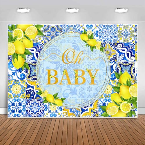 Sensfun Blue Tiles Lemon Theme Baby Shower Backdrop Decorations,Summer Mediterranean Amalfi Coast Oh Baby Photography Background for Italy Lemon Baby Shower Party Banner Photo Booth Wall Decor 7x5ft