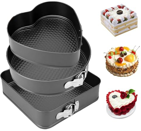 Springform Set, Eozfly Lebensmittelechte Antihaftbeschichtung Kuchenform, Backformen Set BPA-Frei, Mit Abnehmbarem Boden, Wabenboden für Gleichmäßiges Erhitzen, Herz, Rund, Quadratisch 20/22/24 cm