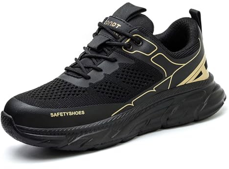 Annvia Steel Toe Cap Trainers for Men Women Lightweight Work Shoes Safety Trainers Breathable Non Slip Ladies Safety Boots Size 10 Black Gold 44