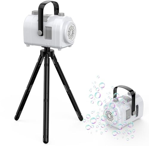Machine à Bulles Grande capacité, 10 Trous 2 Vitesses 17oz / 500ml, Jouet à Bulles Portable Rechargeable avec trépied pour intérieur, extérieur, Anniversaire, fête (Blanc)