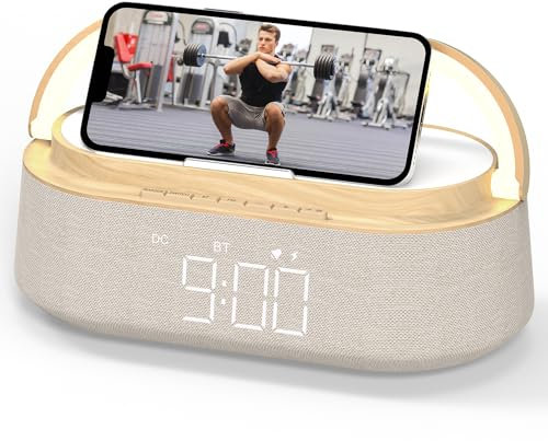 COLSUR Radiowecker Digital mit Wireless Charger, Bluetooth Lautsprecher mit USB-Kabelloser Ladegerät, Smart Wecker Schlummerfunktion Induktive Ladestation mit Licht, Nachtlampe,Dimmbares LED Display