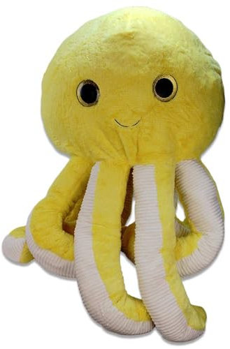 BEMIRO Octopus Kuscheltier XXL - 130 cm Groß (Tentakeln Gestreckt), 60 cm Sitzend, Gelbe Glitzer Augen, Gestickter Mund, Mit Schlaufe, 4 Farben: Gelb, Rosa, Lila und Blau (gelb)