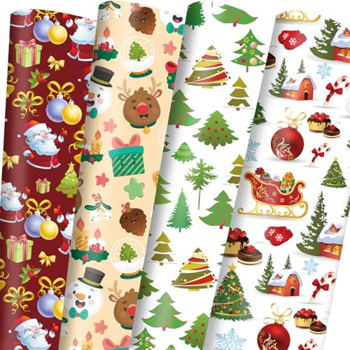 Vnaaem Lot de 8 rouleaux de papier cadeau de Noël pour garçons et filles - Motif Père Noël, renne et bonhomme de neige - Plié à plat - 50,8 x 71,1 cm par feuille