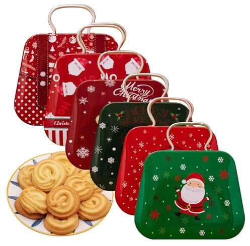 Scatola di latta di Natale, contenitori per biscotti di Natale, Scatole natalizie per biscotti, Scatola di latta in metallo Contenitore per biscotti da 6 pezzi, Contenitore per alimenti, Scatole per b