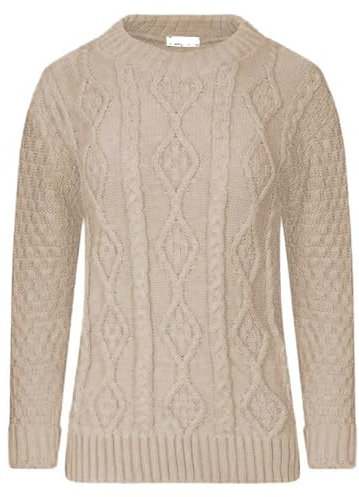 Ladies Women’s New Chunky Diamond Cable Knitted Long Sleeve Sweater Pull Over Jumper Top Cable Knit Warm Sweater Formal Casual Crew Neck Pullover (UK, Numeric, 12, 14, Regular, Regular, Beige)