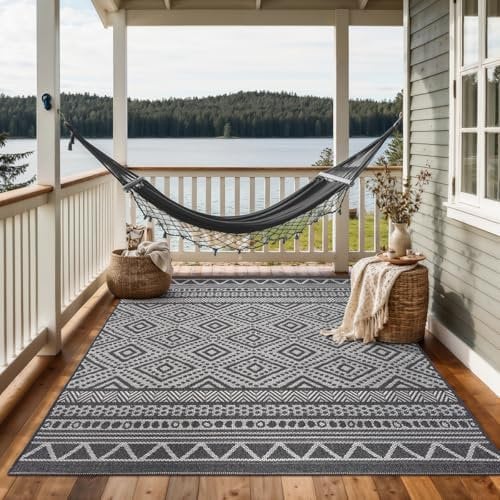 the carpet Calgary - robuster Teppich, Flachgewebe, modernes Design, ideal für Wohnzimmer, Esszimmer und Außenbereich, In- und Outdoor, Vintage-Optik, Boho-Style, Anthrazit, 240 x 340 cm