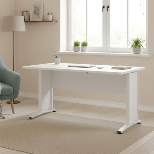 Dmora - Schreibtisch Marcerre, Mehrzweckschreibtisch, Bürotisch für PC, Eckschreibtisch, 150x80 h75 cm, Weiß