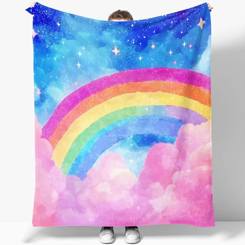 Flanelldecke Aquarellmalerei Blauer Himmel Wolken Regenbogen 130 x 150 cm 3D-Druckdecke Kuscheldecke Sofadecke Wolldecke Wärme und Lsolierung Decke Klimaanlage Decke für Wohn und Schlafräume Decke