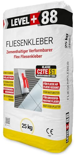 Level Plus 88 Fliesenkleber Flexkleber 25kg Flexmörtel C2TE S1 Steinkleber Klebemörtel Grau Innen Außen Für Naturstein Glasmosaik Dichtbahn Fliesen