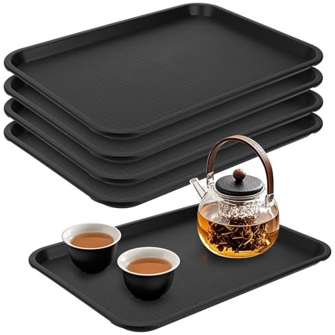 JIEHIN 5 vassoi da portata in plastica, 40 x 30 cm, rettangolare, nero, fast food, vassoio da portata grande, in plastica antiscivolo per ristorante, caffetteria, cucina