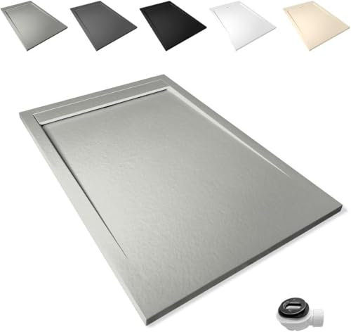 Plato de Ducha Antideslizante 80x130cm - Resina Resistente a Agentes Químicos - Antibacteriano - Incluye Rejilla Desagüe Ducha y Válvula Sifón Plato Ducha - Color Cemento