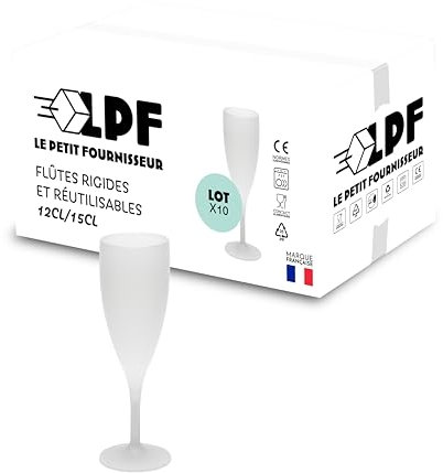 LPF LE PETIT FOURNISSEUR - Lot de 10 Flûtes à champagne réutilisables 12cl (15cl max) - Polypropylène plastique alimentaire - Verre à champagne durable - Compatible lave-vaisselle - Couleur givrée