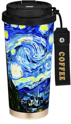 JUMBEAR Vacuum Insulated Travel Mug,Van Gogh Style Starry Sky Reusable Coffee Travel Mugs,Leakproof Double Wall Stainless Steel Coffee Cup with Lid for Hot & Cold Drinks(500ml)