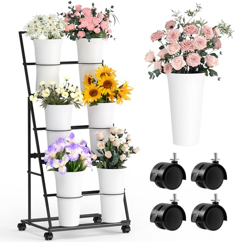 Invech Flower Display Stand with 6 Buckets and Wheels, 3 Tier Flower Cart Display Stand for Indoor Outdoor Garden, Wedding, Flower Shop (Existing Patent)