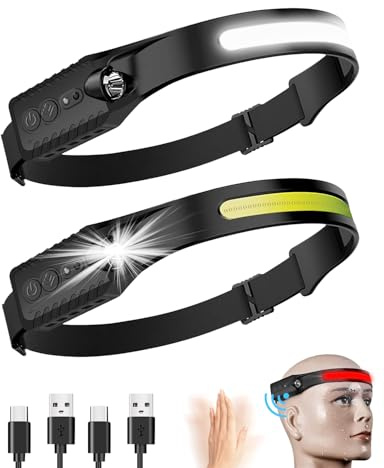 Coyonce Bright LED Headlamp 2 Pack, Rechargeable Motion Sensor Head Torch with 230° Adjustable Tilt, 7 Lighting Modes and IPX4 Waterproof, Hands Free Light for Jogging, Caving, Night Fishing