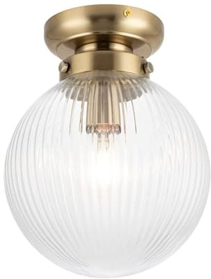 Cosylyte Finley Bathroom LED Ceiling Light, Classic Ribbed Glass Flush Ceiling Light, Antique Brass Base, IP44 Rated, E27, Indoor Bathroom Lighting