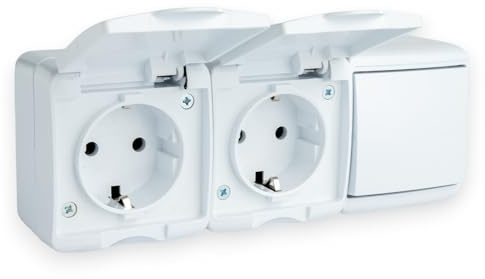Enchufe de 2 Enchufes con Tapa Abatible e Interruptor, Blanco | IP44, 230 V, 16 A, Interruptor Basculante Horizontal, A Prueba de Polvo