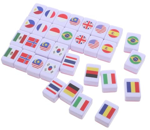 HONMEET 64 Stück Kleiner Mahjong mit Internationalen Flaggen Tragbares Brettspiel für Zwei Spieler 24mm Melamin Spielsteine Reisespiel Familienunterhaltung