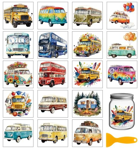 GLOBLELAND Transport Aufkleber, 18 Blätter Bus Wohnmobil Transferaufkleber, UV-Kunststoff, Bunt, 10x9 cm, für Tassen, Glas, Keramik, Metall, Holz, Fliesen