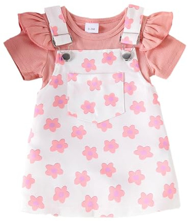 JENJON Neonata Bambina Gonne Set Manica Corta/Lunga Scollo Rotondo Maglietta Top + Ricamo a Fiocco/Floreale Gonna con Bretelle Abiti Completo