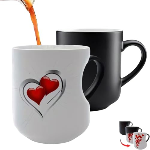 Tasse en céramique magique en forme de cœur changeant de couleur, 325 ml, tasse à café thermochromique sensible à la chaleur avec motif cœur rouge, tasse à café amusante pour la Saint-Valentin, les