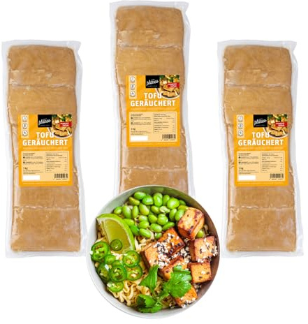 Planeo Tofu Geräuchert 3x 1000g - Beste Qualität - mild geräuchert - Grosspack - ungekühlt, lange haltbar - mit Sojabohnen aus der EU - Planeo