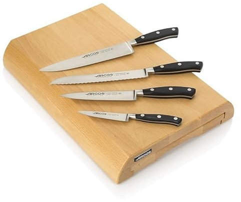 Arcos Serie Riviera - Juego de Cuchillos de 4 piezas para cajón - Hoja de Acero Inoxidable Forjado NITRUM - Mango de Polioximetileno (POM) - Cajonera de Madera Color Marrón