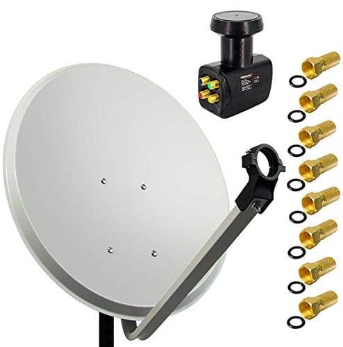 PremiumX Satelliten-Komplettanlage 60cm ALU Hellgrau Satellitenschüssel Satellitenantenne Quad LNB 8X F-Stecker SAT bis 4 Teilnehmer