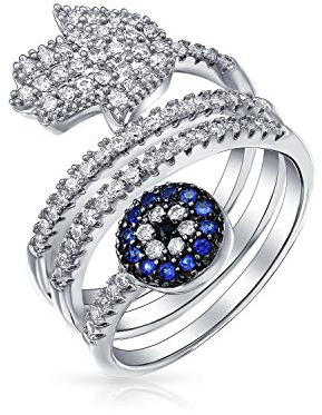 Amulett Talisman Yoga Blau Cz Pave Wrap Bypass Around Mode Boho Erklärung Hamsa Böser Blick Band Ring Für Teenager Für Frauen Versilbert