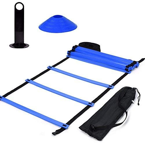 Speed and Agility Ladder, Speed Agility Train Kit 19Ft Flat Ladder + 10pcs Disc Cones Speed Training Ladder with Storage Bag for Athletic Training Football Training, Workouts, Footwork(Blue)