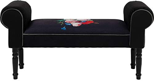 Kare Design Bank Wing, Schwarz, Sitzbank, Samtoptik, Blumenmotiv, Birkenholz Beine, Polsterbank für Flur, Garderobe, Schlafzimmer, 54x100x30 cm (H/B/T)