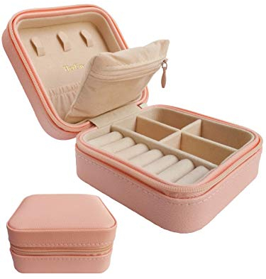 HerFav Kleine Reise-Schmuckbox Schmuckkästchen für Damen PU-Leder Mini Aufbewahrungsbox für Ringe,Armbänder und Halsketten