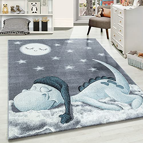 Carpetsale24 Kinderteppich süßes Dinosaurier Muster Blau und Grau 120 cm Rund - Kurzflor Teppich Kinderzimmer Babyzimmer für Mädchen und Junge Extra Weich Pflegeleicht Spielteppich Babyteppich Runder