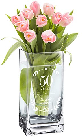 Casa Vivente Blumenvase mit Gravur zur Goldenen Hochzeit, Glasvase mit Ring Motiv, Geschenk zum 50. Hochzeitstag