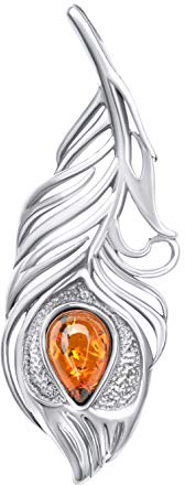 ANDANTE Premium Collection - Echter OSTSEE Bernstein Kettenanhänger in 925 Sterling Silber ** Feder ** Zertifiziert - Gold des MEERES - Farbe COGNAC