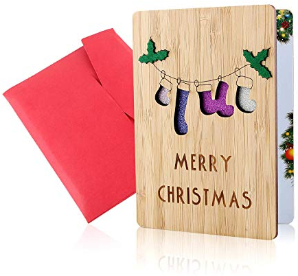 Holz-Grußkarte, Grußkarte aus Holz, Weihnachtskarten, Frohe Weihnachten Karte, Echte Bambus- und Holzgrußkarten, Bunte Weihnachtsmotive, Weihnachtsgeschenke und -Wünsche, Weihnachtsthemen (Socke)